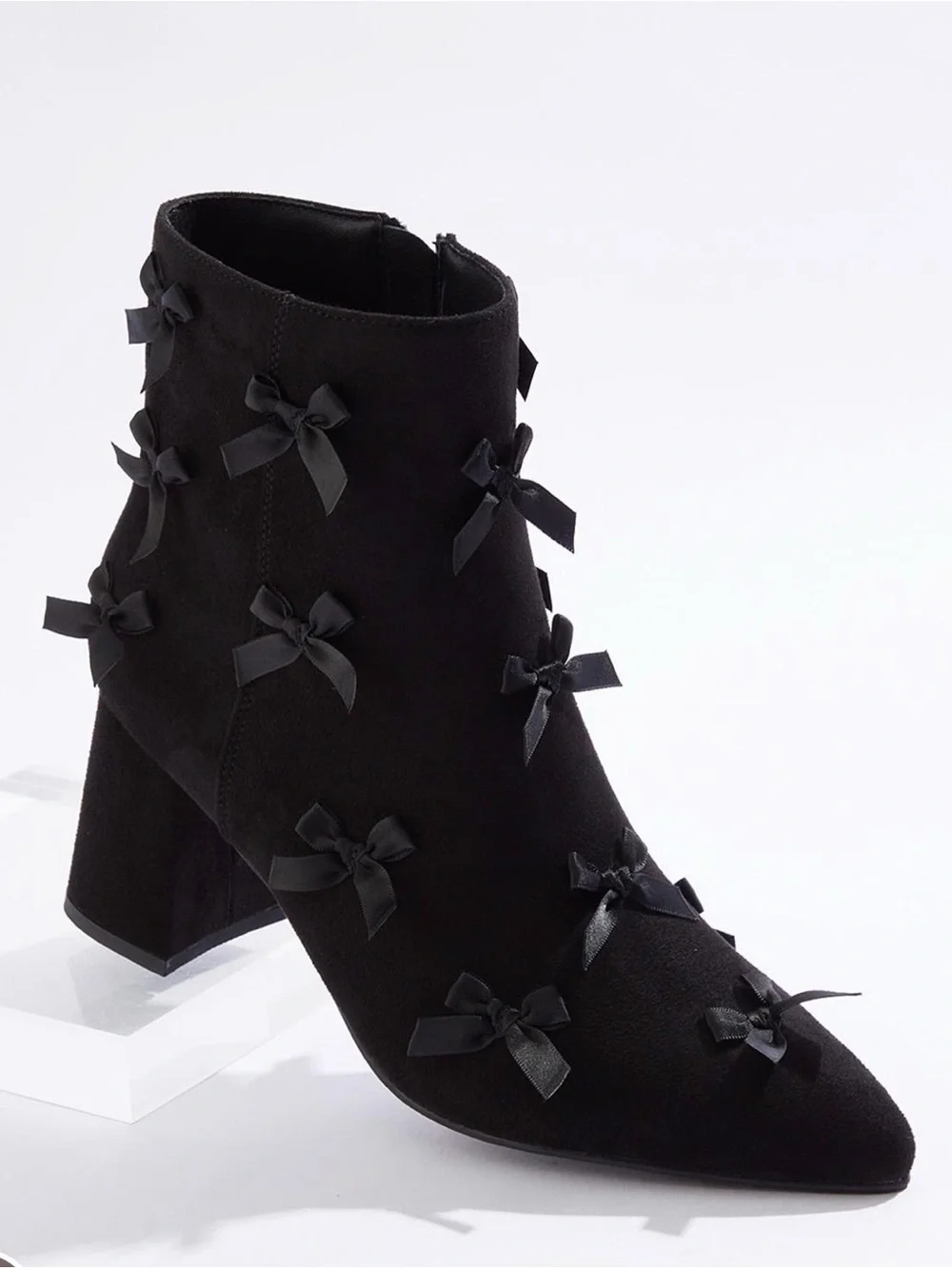 Black Bow-Embellished Women's Ankle Boots 2.75 inches heel
